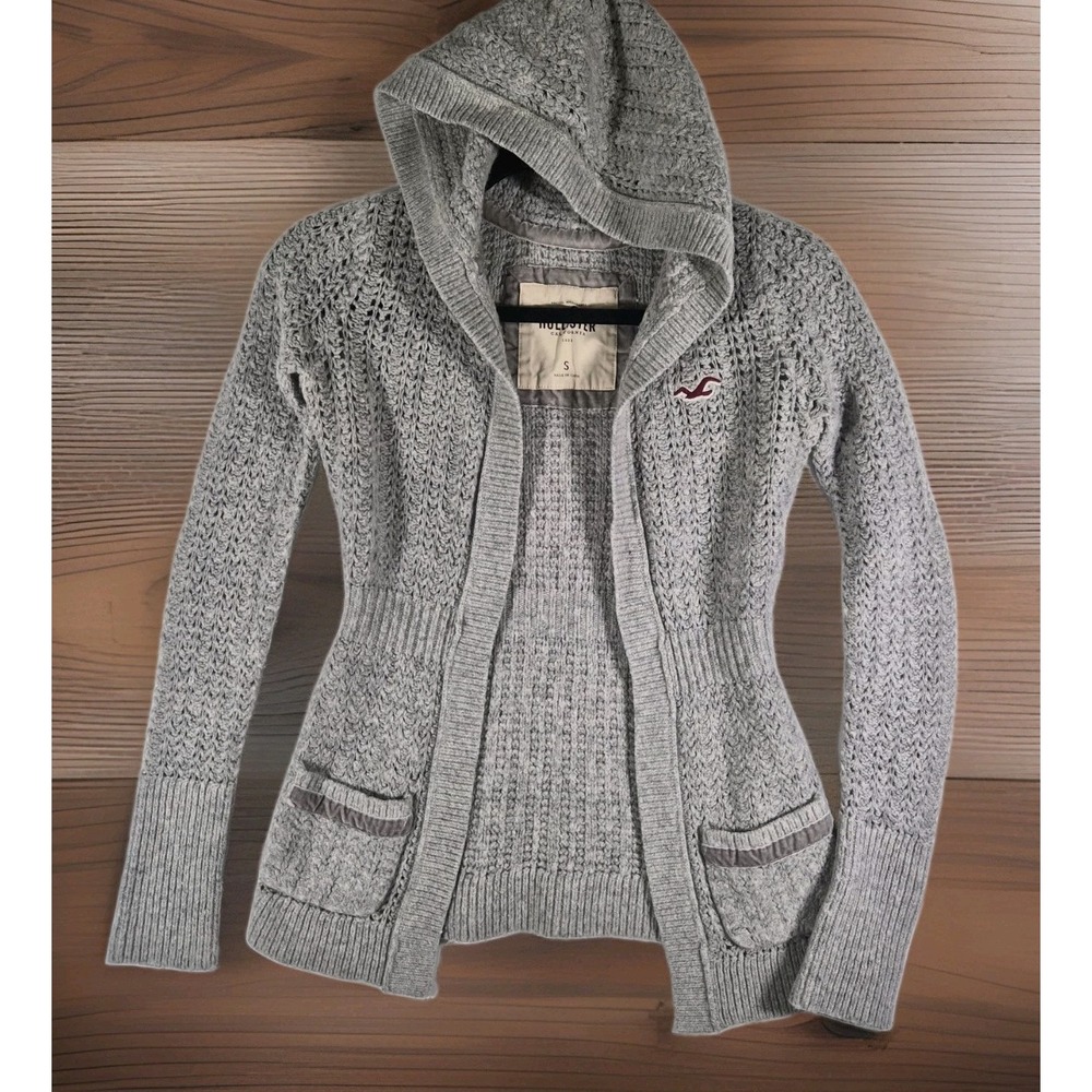 2000s Hollister Y2K Women's Small Gray Wool Blend Hooded Open Knit Cardigan...